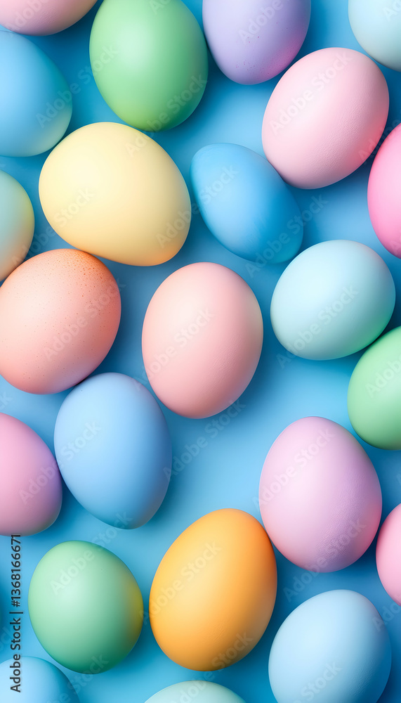 Pastel-colored eggs scattered on a light blue background Pastel-colored eggs scattered on a light blue background