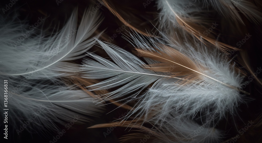 Fototapeta premium Softly Lit Delicate White Brown Feathers. AI Generated