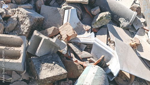 Fotografie Construction debris and rubbles stock on a waste disposal site for recycling