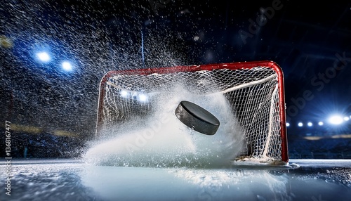 a hockey puck frozen in mid air as it smashes into the goal net with tiny ice particles flying in slow motion and the tension of the impact clearly visible
