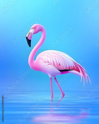Pink flamingo wading in tranquil blue water