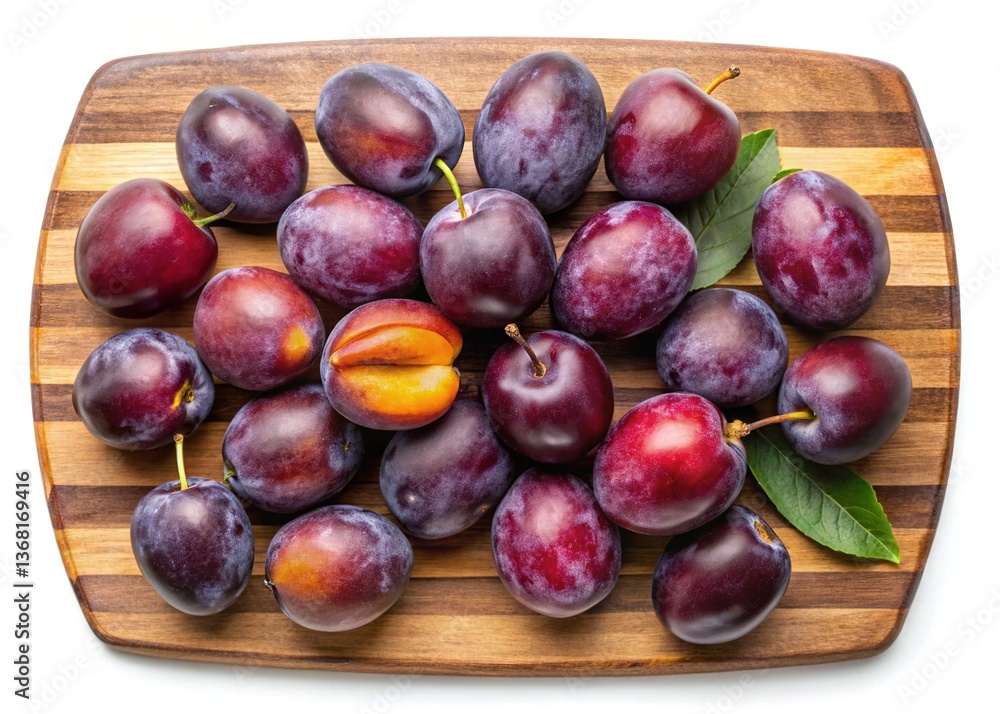 Obraz premium A wooden cutting board filled with fresh ripe plums ready for eating