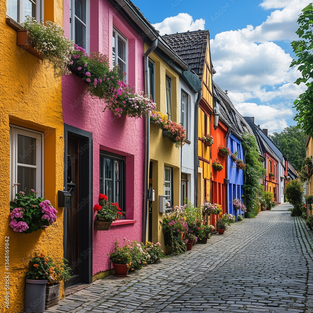 Obraz premium A charming street lined with colorful townhouses 