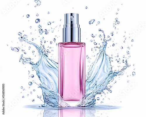 Pink perfume bottle in water splash