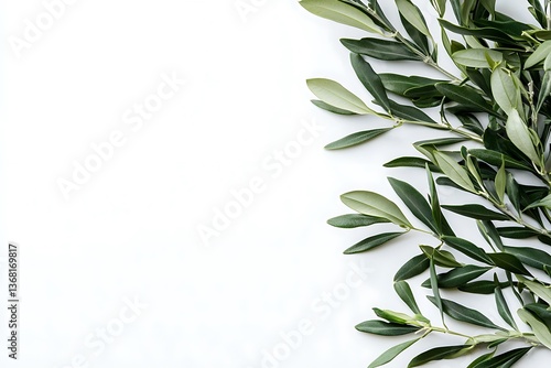 Olive Branch Border on White Background Elegant Nature Design.