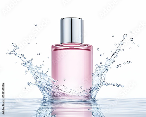 Pink perfume bottle splashing in water