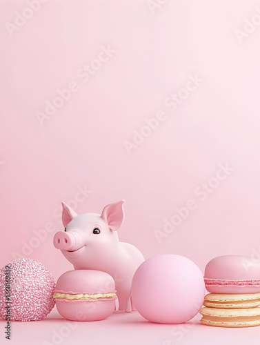 Pink pig figurine with macarons and pastel balls on pink background