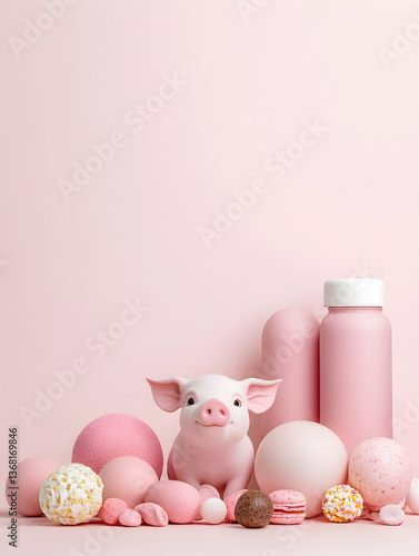 Pink pig figurine amidst pastel spheres, sweets, and bottles on pink background
