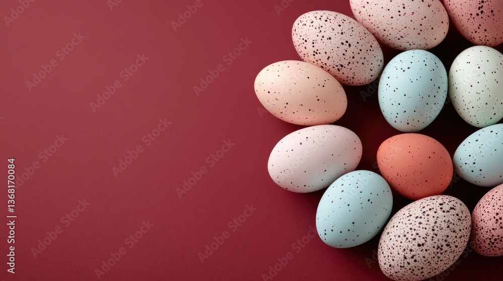 Softly lit pastel eggs arranged in an elegant spiral on a luxurious burgundy background. Softly lit pastel eggs arranged in an elegant spiral on a luxurious burgundy background.