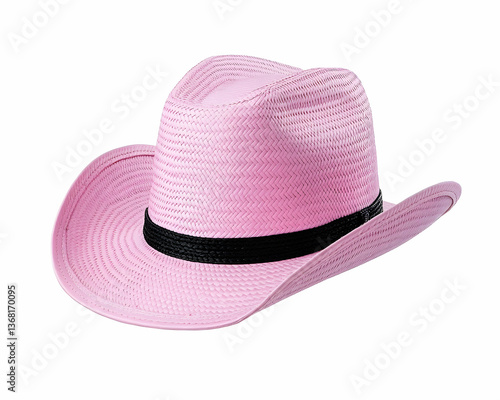 Pink woven straw cowboy hat with black band, isolated on white