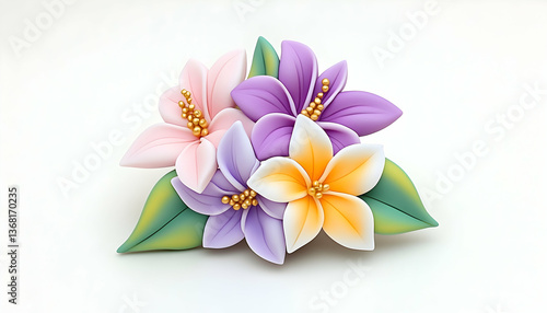 Polymer clay floral bouquet brooch in pastel pink, purple, and yellow