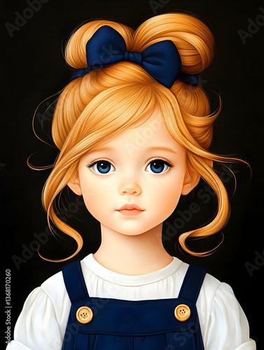 Portrait of a cute blonde girl with blue eyes and a navy bow in her hair, wearing overalls