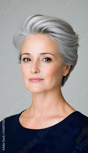 Portrait of a confident mature woman with short, stylish silver hair, wearing a dark top against a neutral background