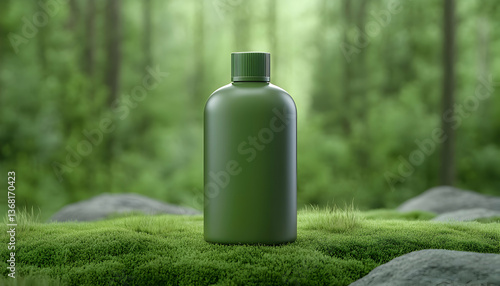 Olive-green bottle on mossy forest ground