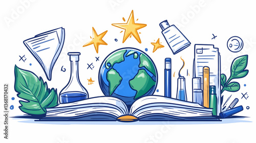 Open book with globe, stationery, and leaves; symbolizing global education and learning
