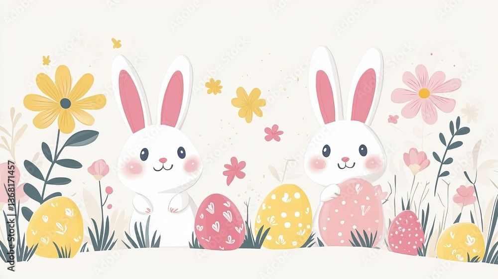 Obraz premium Happy Easter! Cute design for cards, banners, and posters. Features bunnies, eggs, flowers, and bunny ears in soft, trendy colors. Simple and modern style.
