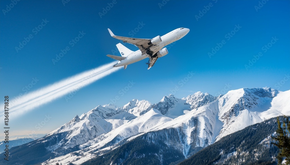 Fototapeta premium a white jet plane is flying through the sky above a snowy mountain range