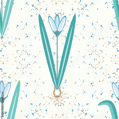 Vector seamless pattern of first spring flowers. Snowdrops, spring, awakening of nature.