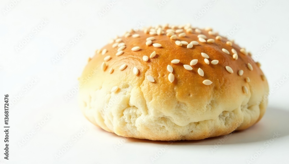 Sesame seed topped bun, fluffy and light, against white backdrop , photography, isolated, circle Sesame seed topped bun, fluffy and light, against white backdrop , photography, isolated, circle