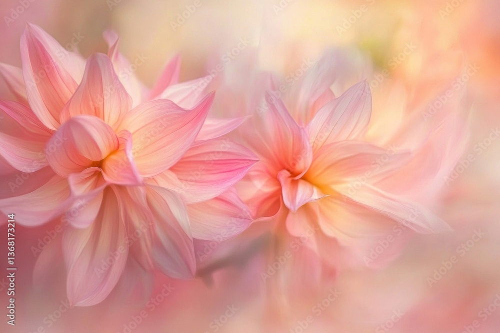 Delicate Pink Dahlia Blossoms in Soft Focus, Garden Setting Delicate Pink Dahlia Blossoms in Soft Focus, Garden Setting