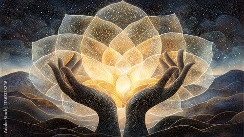 Mother day treasure devotion. A serene image depicting hands gently cradling a glowing lotus flower, symbolizing peace and enlightenment against a starry background.
