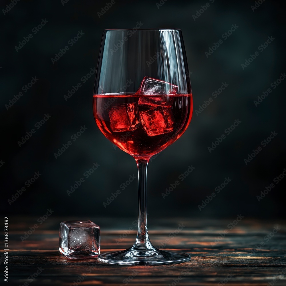 Naklejka premium Red Wine in Glass with Ice Cubes on Dark Wooden Table
