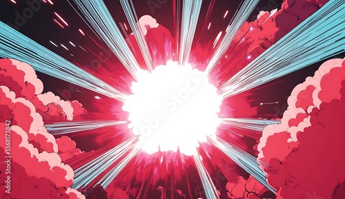 intense cartoon explosion with a bright white core radiating red bursts and surrounded by dynamic blue speed lines and pink smoke against a dark backdrop