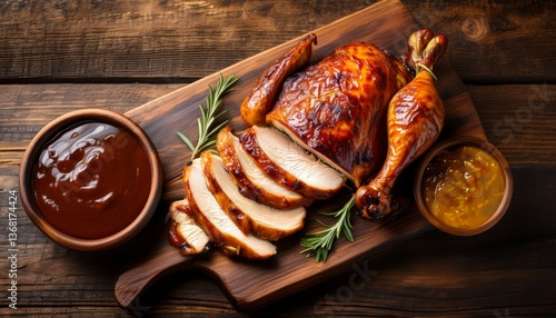 a rustic wooden board displaying perfectly sliced rotisserie chicken with a side of homemade barbecue sauce