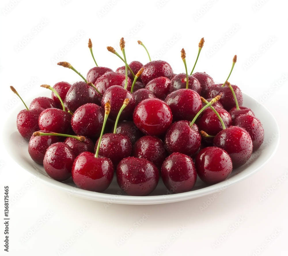 Fresh Red Cherries on White Plate with Water Droplets Fresh Red Cherries on White Plate with Water Droplets