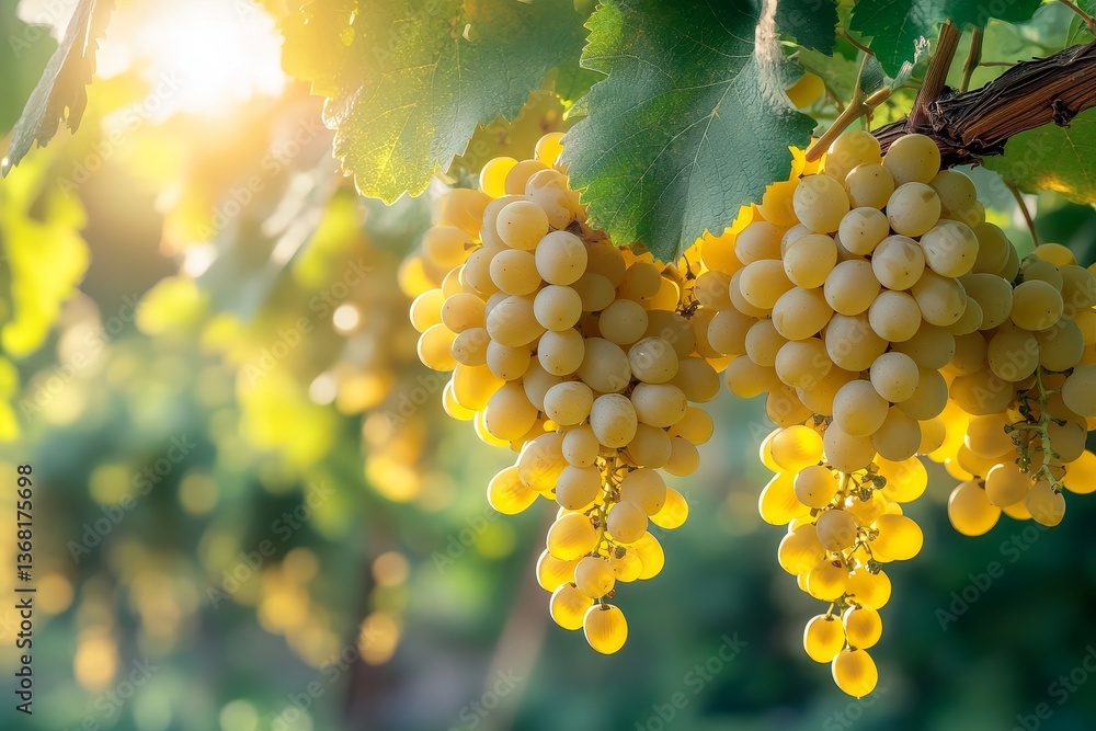 golden grapes hanging in vineyard with warm sunlight shining through green leaves