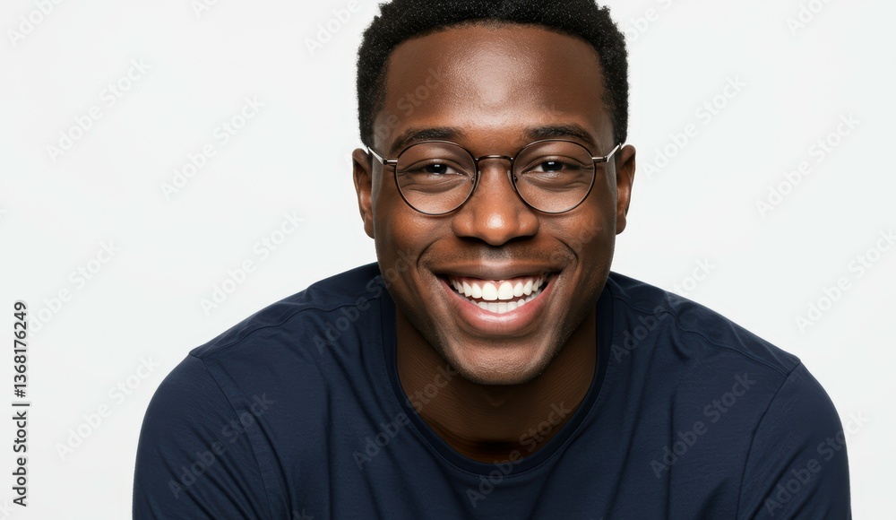Black man smiling in casual clothing with glasses against neutral background. Themes of confidence and diversity. Black man smiling in casual clothing with glasses against neutral background. Themes of confidence and diversity.