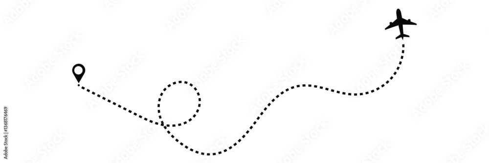 Airplane line path vector icon set of air plane flight route with start point and dash line trace. Various aircraft and destination location pins icons. Aircraft tracking, planes, travel, map . Airplane line path vector icon set of air plane flight route with start point and dash line trace. Various aircraft and destination location pins icons. Aircraft tracking, planes, travel, map .