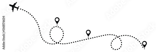 Airplane line path vector icon set of air plane flight route with start point and dash line trace. Various aircraft and destination location pins icons. Aircraft tracking, planes, travel, map .
