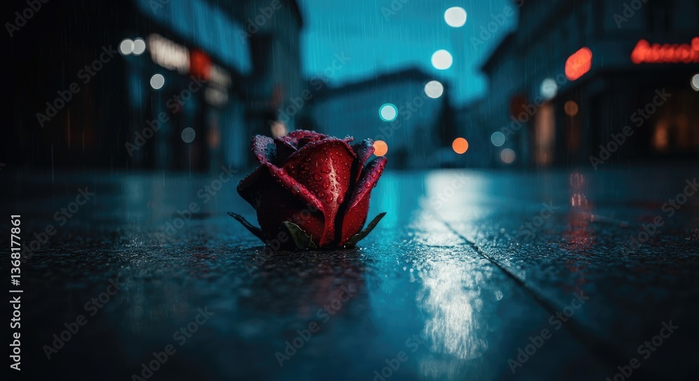 Obraz premium Single red rose lies on wet street at night with bokeh lights in background