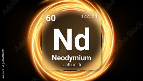 Neodymium (Nd) (060) Lanthanide, Glass Morphism Element Futuristic Neon Light Glow Background Periodic Table, Chemical Symbol, Name, Atomic Mass, Atomic Number, Vector Illustration