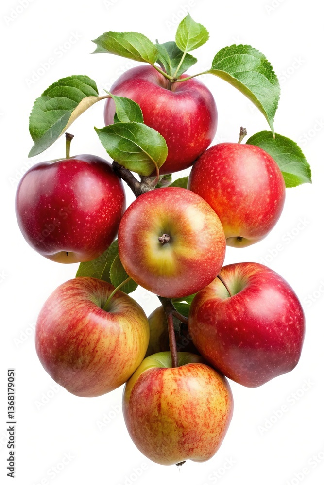 A cluster of ripe red apples on a branch with green leaves isolated on a white background A cluster of ripe red apples on a branch with green leaves isolated on a white background