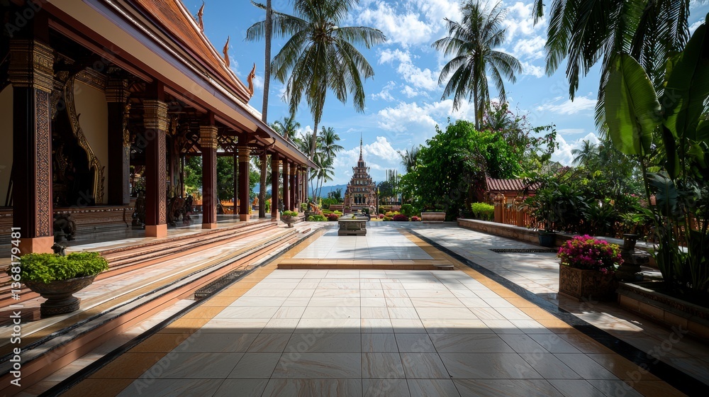 Fototapeta premium Serene temple visit tropical paradise photography sunny day wide angle tranquility and culture