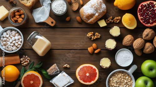 Wallpaper Mural Healthy baking ingredients frame, wood background, overhead, recipe mockup Torontodigital.ca