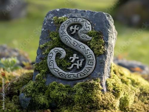 19. A stone-carved letter "S" covered in ancient runes and moss