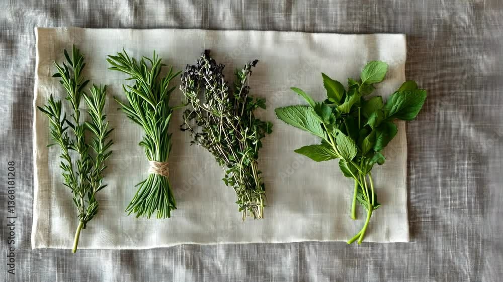 harvested herbs styled on a clean linen cloth for herbal workshops. background
