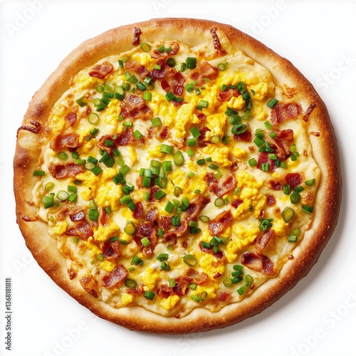 Breakfast pizza with bacon, scrambled eggs and green onions