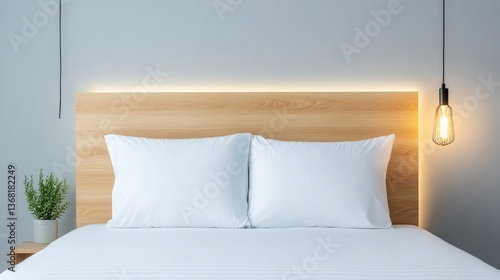 Modern minimalist bedroom with white pillows and wooden headboard
