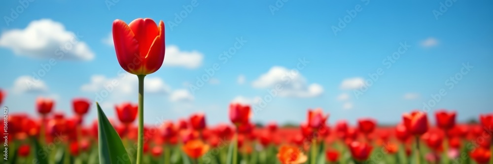 Naklejka premium Vibrant red tulip in a field under a bright blue sky, countryside, colorful