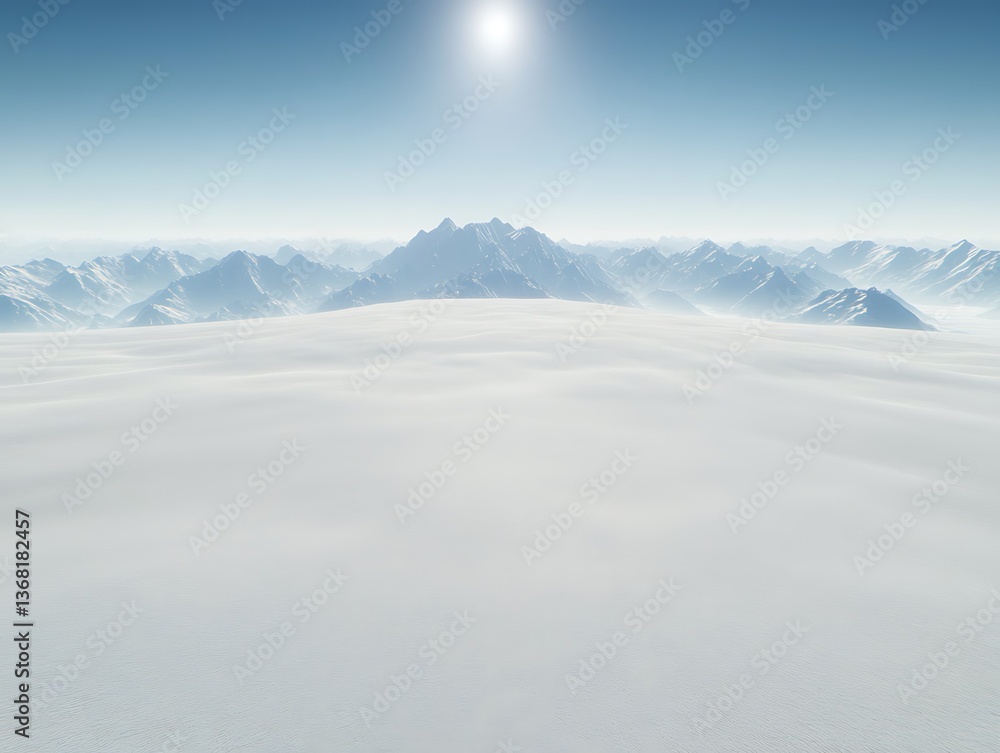 A vast snowy landscape with mountains under a clear blue sky A vast snowy landscape with mountains under a clear blue sky