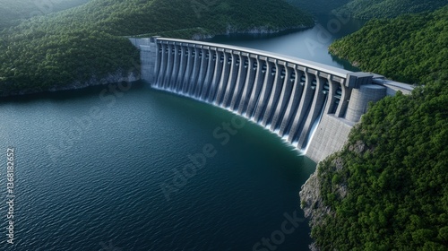 A large dam stands majestically against a backdrop of green hills, with water cascading down its structure into a serene lake.