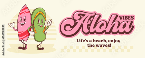 Summer Mood Surfing Retro Cartoon Groovy Characters Banner. Cute Funny Flip Flops Slipper with Surf Board Illustration. Beach Vacation Personage Walking Smiling Vintage Vector Drawing Poster Isolated
