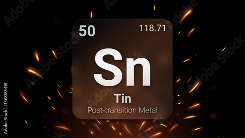 Tin (Sn) (050) Post Transition Metal, Glass Morphism Element Futuristic Neon Light Glow Background Periodic Table, Chemical Symbol, Name, Atomic Mass, Atomic Number, Vector Illustration