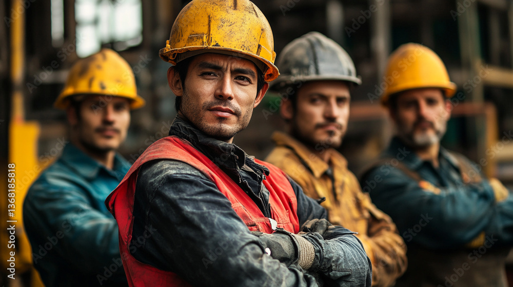 Group of confident construction workers posing with crossed arms wearing safety helmets and vests Group of confident construction workers posing with crossed arms wearing safety helmets and vests