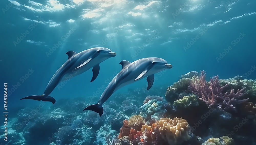 Naklejka premium Dolphins Swimming Underwater Coral Reef Ocean Sunlight