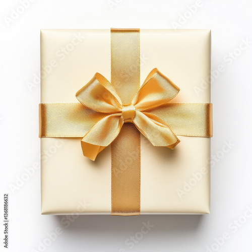 Gift box with gold ribbon on white , for Christmas, Birthday, holiday horizontal digital banner with copyspace, xmas present